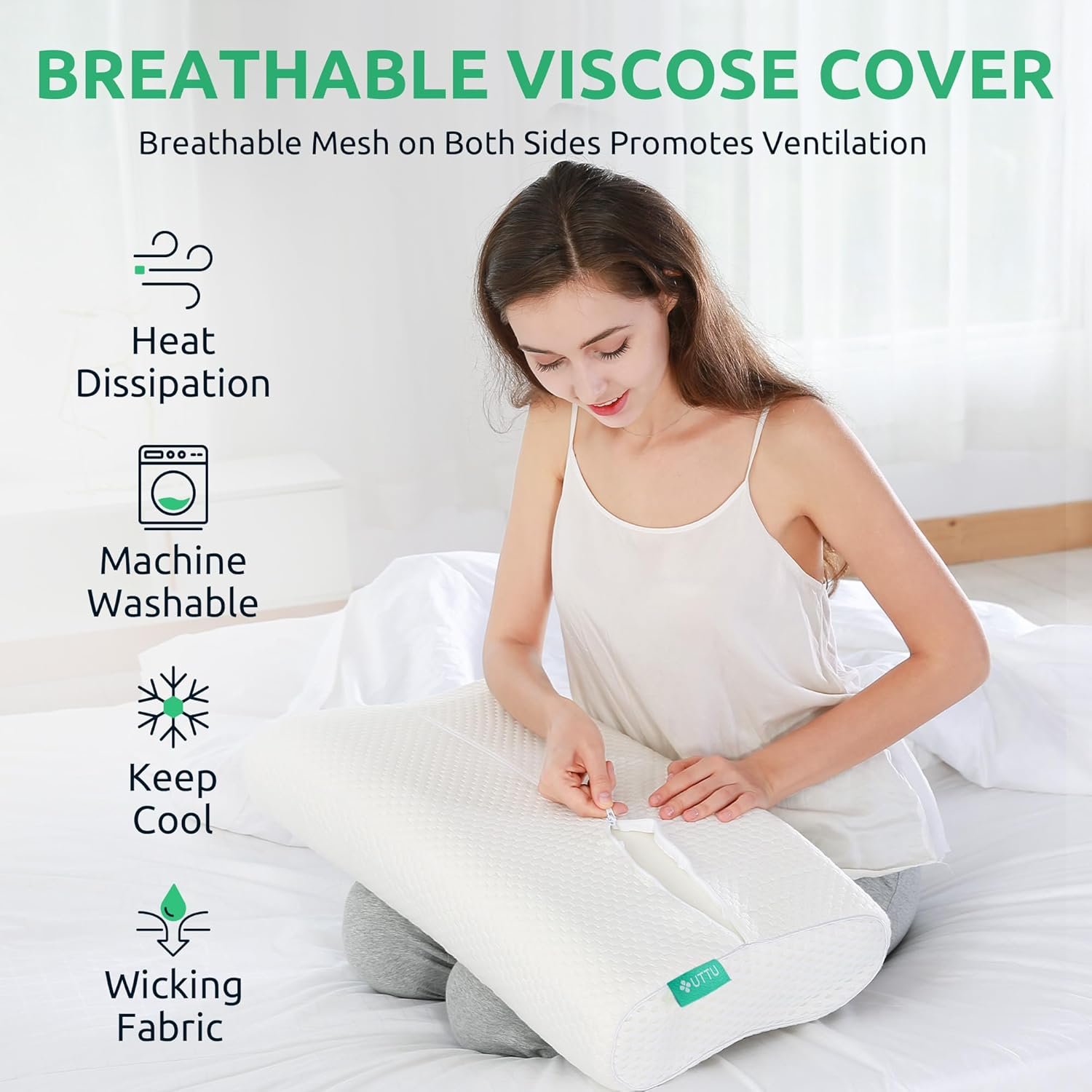 UTTU Sandwich Pillow on a bed showing the contour profile from the side