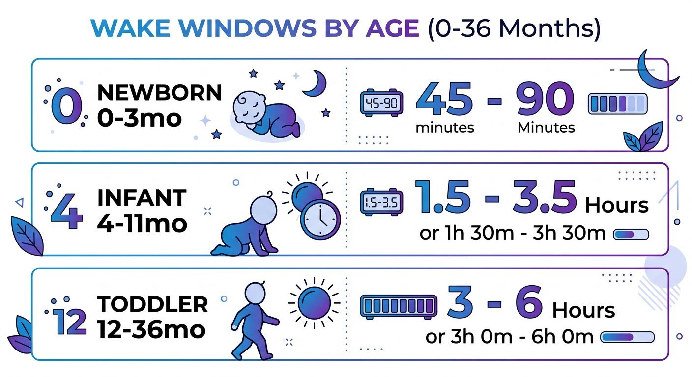 Wake windows chart showing recommended awake time by baby age from newborn to 3 years