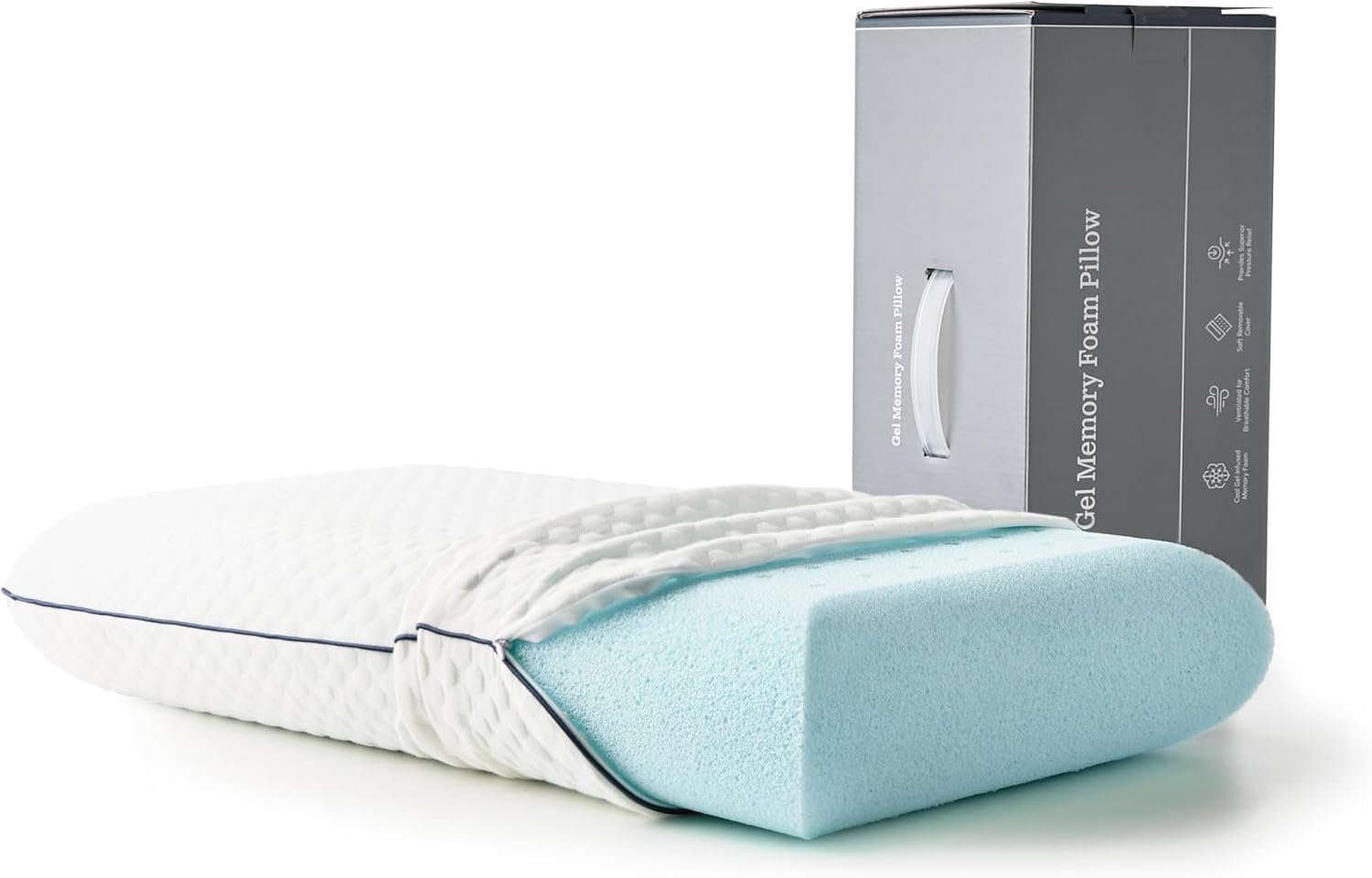 Weekender Cooling Gel Memory Foam Pillow in queen size with blue ventilated gel-infused memory foam core