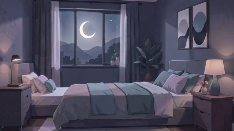 Illustration for 10 Bad Sleep Habits That Hurt Your Sleep And What To Do Instead: a calm night bedroom scene in an indigo palette