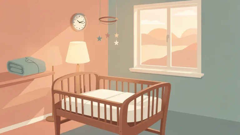 Illustration for 4 Month Sleep Regression: Signs, Causes and Safe Ways to Cope: a dawn nursery with a bare bassinet, folded sleep sack and lamp