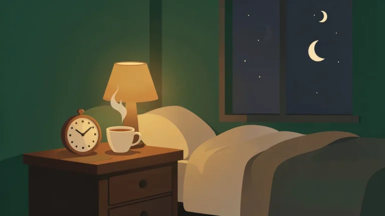 Illustration for Alcohol and Sleep: Why It Harms Rest and What Helps Instead: a cup of tea on a bedside table at dusk