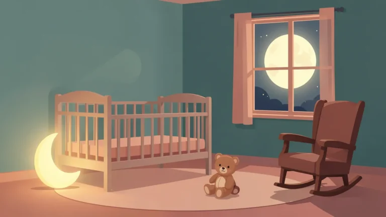 Illustration for Baby Sleep Regressions: Ages, Signs and What Helps: a twilight nursery with a moon nightlight