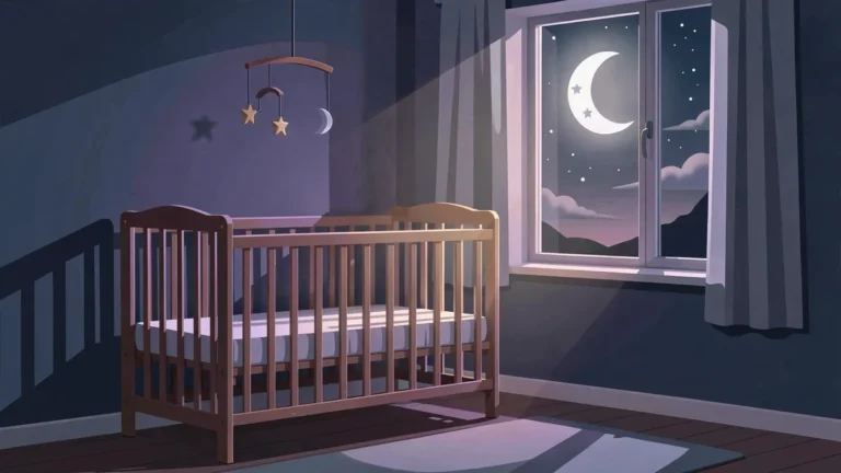 Illustration for Baby Sleep Schedule By Age (0-24 Months): Naps, Wake Windows And Bedtimes: a calm night bedroom scene in an indigo palette