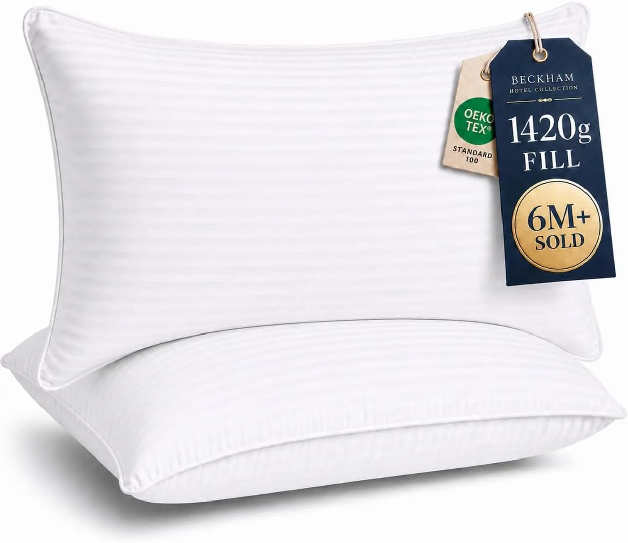 Two Beckham Hotel Collection bed pillows with product tags