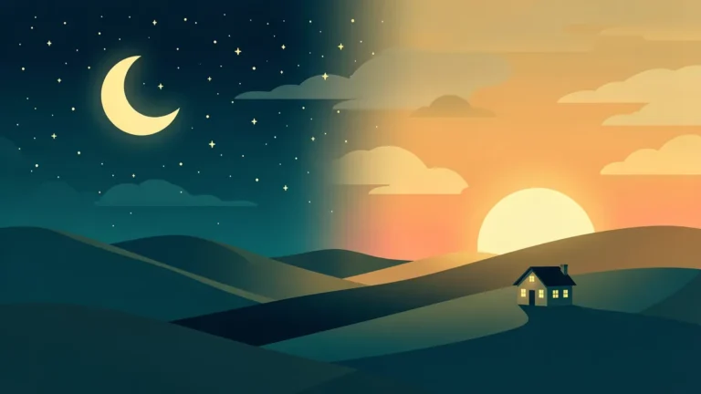 Illustration for Best Time to Sleep and Wake Up for Your Age: a night sky turning into sunrise over hills