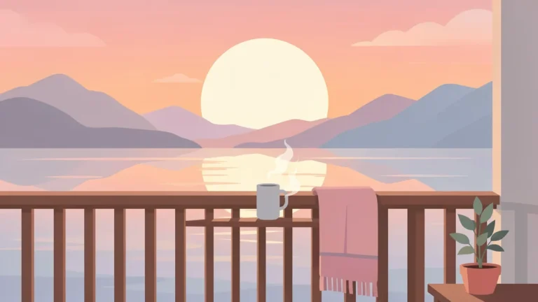 Illustration for What Is the Best Time to Wake Up? What Research Says: a calm sunrise over a lake from a bedroom balcony
