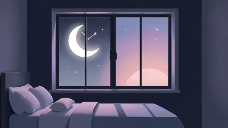 Illustration for Chronotypes Explained: Night Owls, Early Birds And More: a calm night bedroom scene in an indigo palette