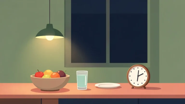 Illustration for Does Lack of Sleep Cause Weight Gain? The Evidence: a quiet night kitchen counter with fruit, water and a pendant lamp