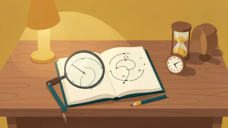 Illustration for Does the 90-Minute Sleep Cycle Rule Work? The Evidence: a desk with a notebook, magnifying glass and hourglass