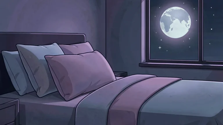 Illustration for Eli and Elm Side Sleeper Pillow Review: Is The U-Shape Worth It For Side And Back Sleepers: a calm night bedroom scene in an indigo palette
