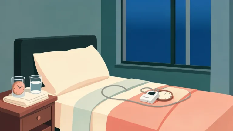 Illustration for Home Sleep Apnea Test: How It Works, Accuracy and Results: a bedside table with a small recorder box and cable beside a glass of water at dusk