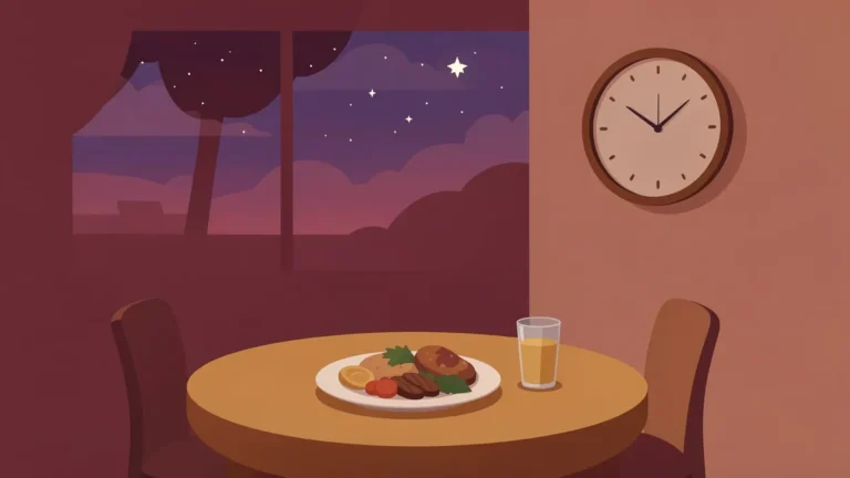 Illustration for How Late Should You Eat Before Bed? What Research Says: a dinner table at dusk with a wall clock