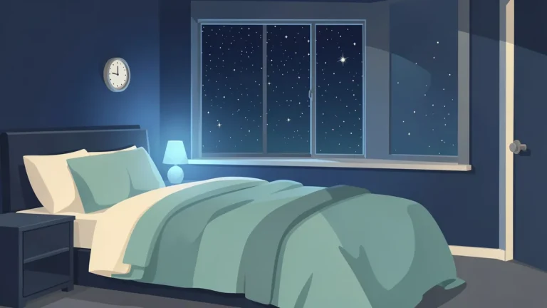 Illustration for How Much Deep Sleep Do You Need? Deep, REM and Light Sleep by Age: a calm starlit bedroom with layered blankets