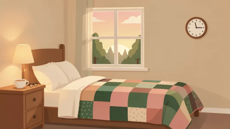 Illustration for How Much Sleep Do Older Adults Need? Ages 50, 60 and 70+: a cozy bedroom with a quilt, reading glasses and tea at sunrise
