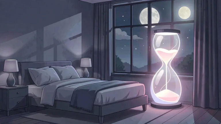 Illustration for How Much Sleep Do You Need? Hours By Age And Lifestyle: a calm night bedroom scene in an indigo palette