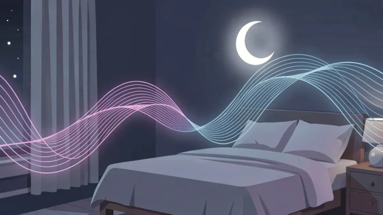 Illustration for How Sleep Affects Your Emotions: What Research Shows And What Helps: a calm night bedroom scene in an indigo palette