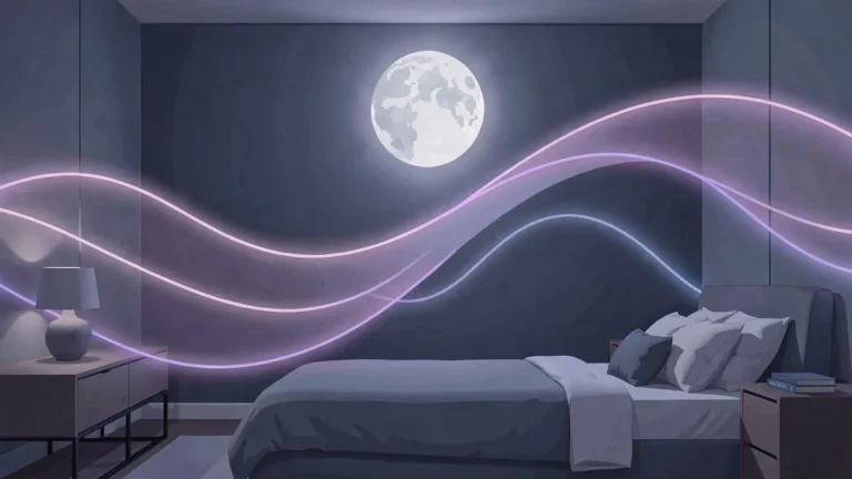 Illustration for How Sleep Works: Pressure, Stages, Cycles And Dreams: a calm night bedroom scene in an indigo palette