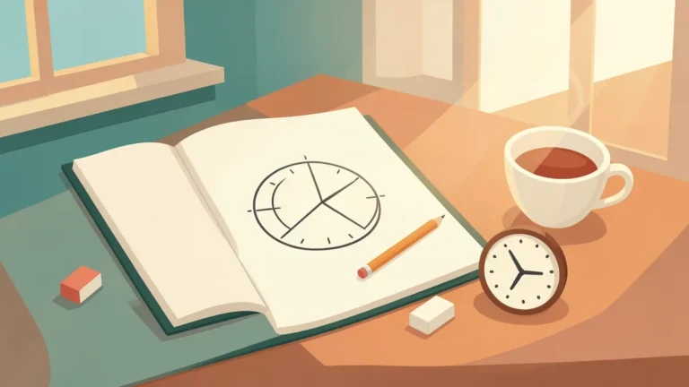 Illustration for How to Calculate Hours of Sleep: Formula and Examples: a desk with a notebook of clock drawings, pencil and tea