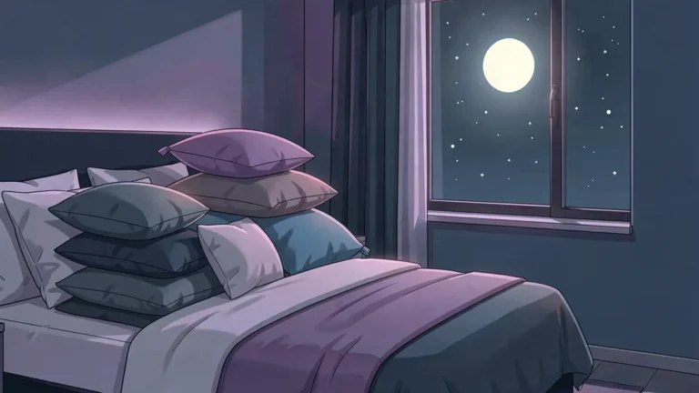 Illustration for how to choose a pillow: a calm night bedroom in an indigo palette