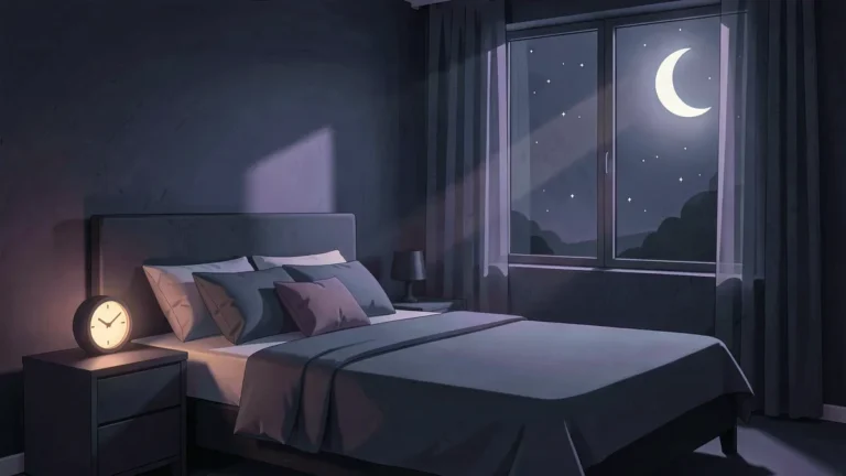 Illustration for How To Fall Asleep Fast: 12 Techniques Compared: a calm night bedroom scene in an indigo palette