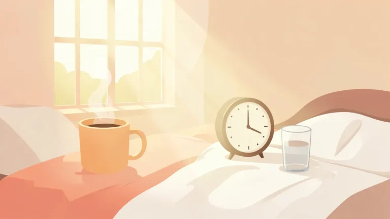 Illustration for How to Get Rid of Sleep Inertia and Morning Grogginess: a misty sunrise bedroom with coffee and an alarm clock