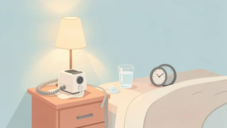 Illustration for How to Get Used to CPAP: Tips for Mask, Dryness and Comfort: a bedside table with a quiet air machine, hose and folded mask