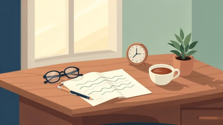 Illustration for How to Read Sleep Study Results: AHI, Oxygen and Sleep Stages: a desk with a wave-line chart, reading glasses and tea