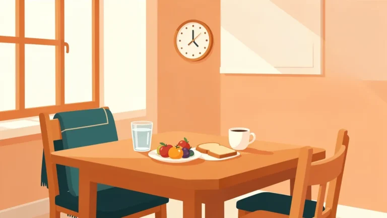 Illustration for How to Recover From an All-Nighter: A Next-Day Plan: a sunlit morning table with water, fruit, toast and a coffee cup