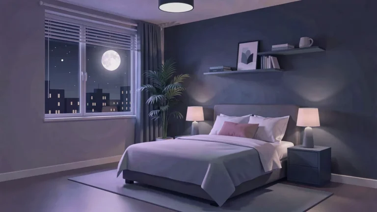 Illustration for ideal sleep environment: a calm night bedroom in an indigo palette