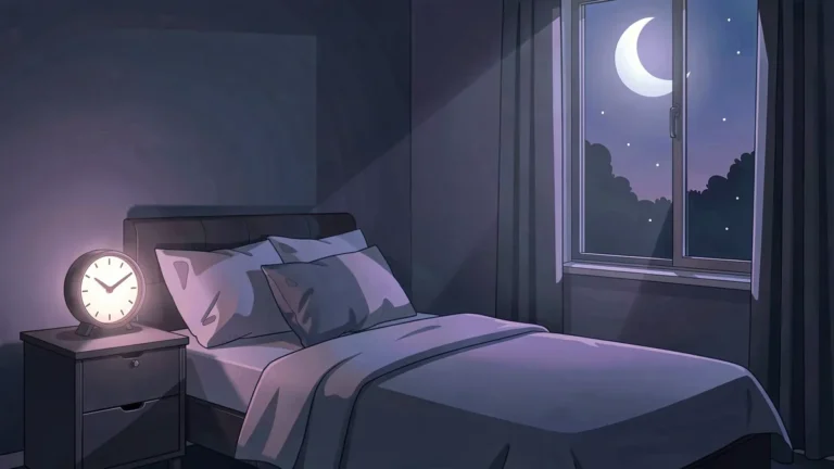 Illustration for Insomnia: Symptoms, Causes, Types And Treatment: a calm night bedroom scene in an indigo palette