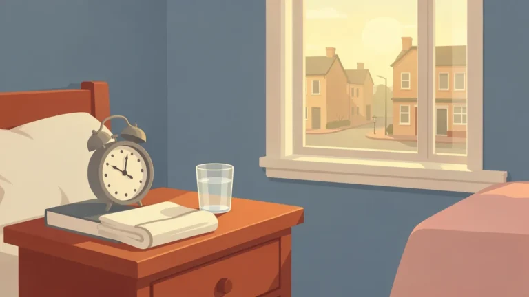 Illustration for Is 6 Hours of Sleep Enough? What the Research Says: a bedside table at early dawn with a clock, glass of water and a book
