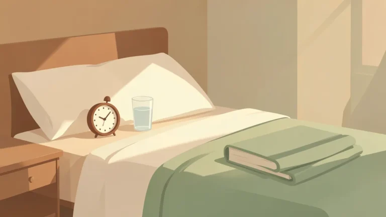 Illustration for Is 7.5 Hours of Sleep Enough? 6, 7, 8 and 9 Hours Compared: a tidy bedside with a clock, water glass and folded blanket in morning light
