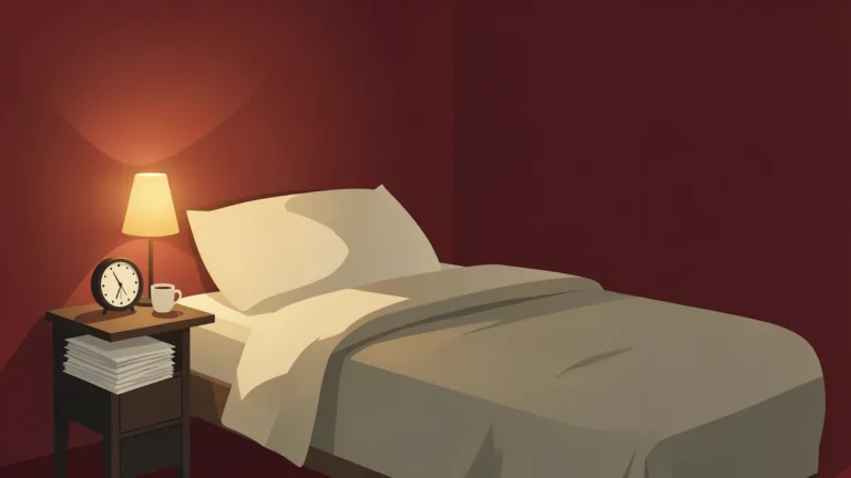 Illustration for Is 5 Hours of Sleep Enough? The Minimum Sleep You Need: a pre-dawn nightstand with a lamp, coffee cup and papers