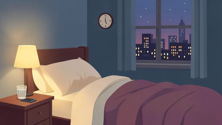 Illustration for Obstructive Sleep Apnea Symptoms: Signs at Night and by Day: a dim bedroom with a phone, water glass and rumpled blankets