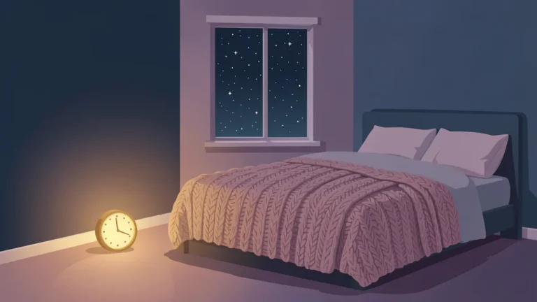Illustration for PTSD and Sleep: Nightmares, Hypervigilance and Help: a calm bedroom with a soft nightlight and starry window