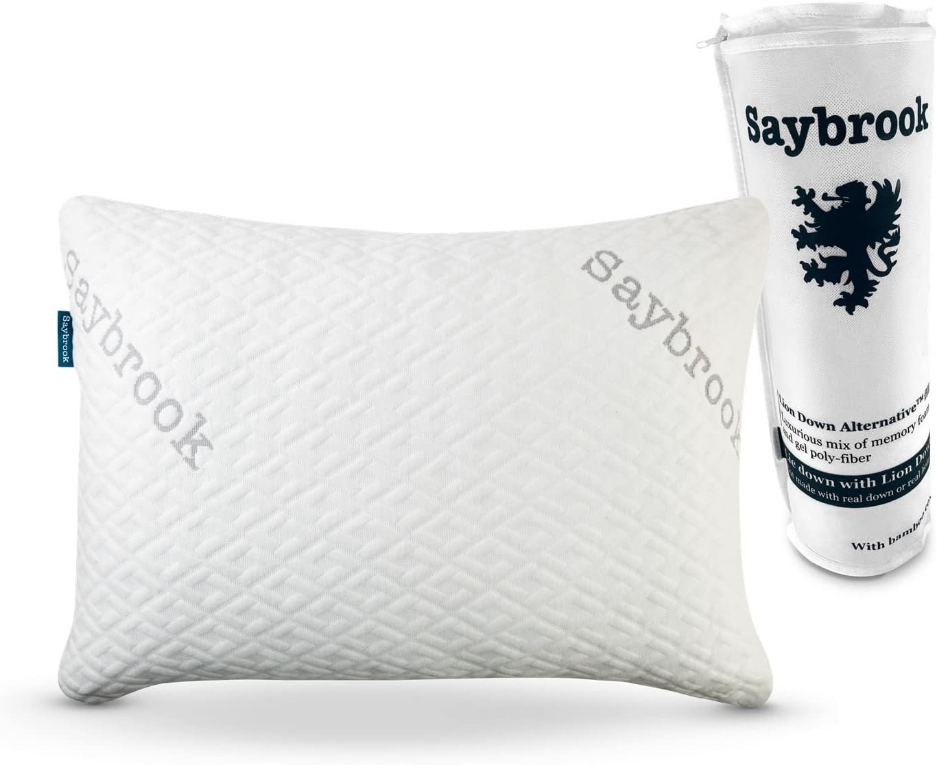 Saybrook adjustable pillow next to its storage tube