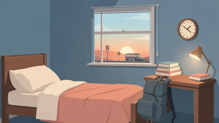 Illustration for School Start Times and Teen Sleep: What the Evidence Shows: a teen bedroom at early dawn with a backpack and books