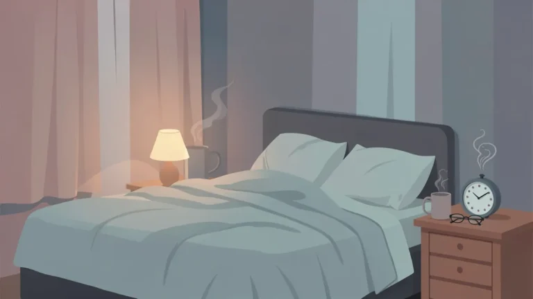 Illustration for Signs of Sleep Deprivation: Symptoms to Watch For: a rumpled bed at dawn with a mug and glasses on the nightstand