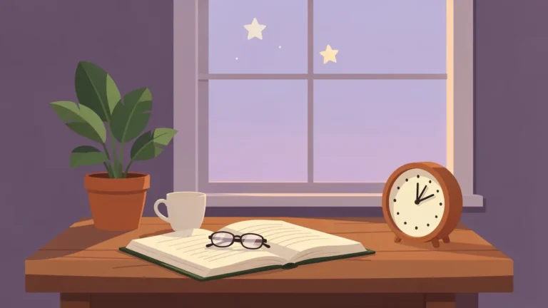 Illustration for Sleep and Dementia Risk: Does Poor Sleep Cause Dementia?: reading glasses, notebook and tea at dusk by a window