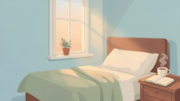 Illustration for Sleep and Depression: Too Much, Too Little and What Helps: a calm bedroom at dawn with soft light