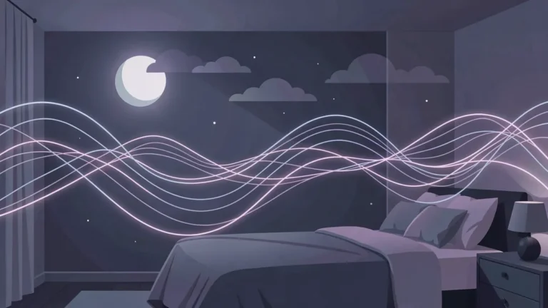 Illustration for Sleep And Mental Health: How Each Affects The Other: a calm night bedroom scene in an indigo palette