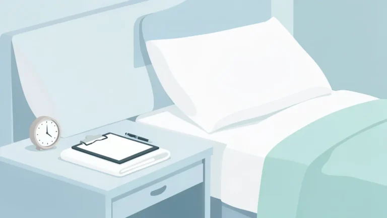 Illustration for Sleep Apnea Screening: Questionnaires to Home Tests: a calm bedside table with a clipboard and pen