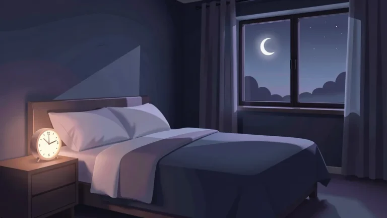 Illustration for Sleep Deprivation: Signs, Effects And How To Recover: a calm night bedroom scene in an indigo palette