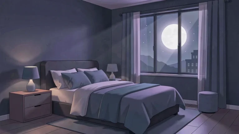 Illustration for Sleep Hygiene 101: A Practical Checklist For Better Sleep: a calm night bedroom scene in an indigo palette