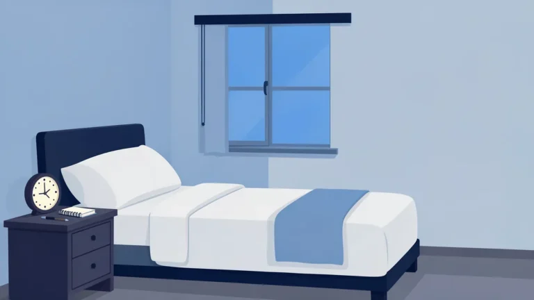 Illustration for Sleep Restriction Therapy: How the Sleep Window Works: a tidy bedroom with a notebook on the nightstand
