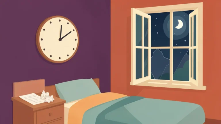 Illustration for Sleep Timing Myths: 8 Hours, 90 Minutes and Midnight: a bedroom with a wall clock, two papers and a moonlit window