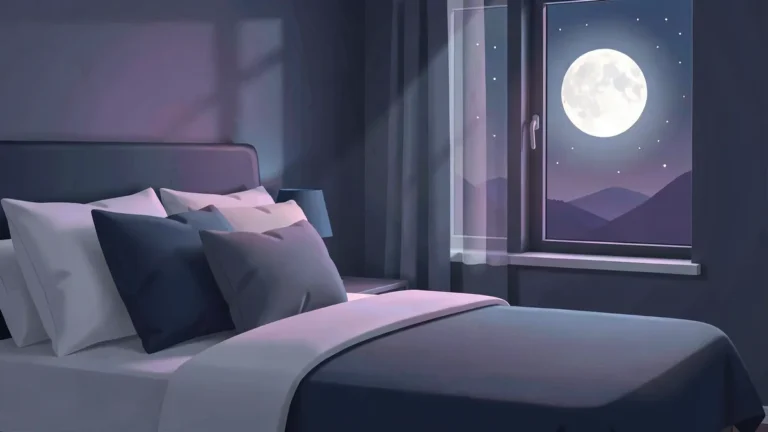 Illustration for Snuggle-Pedic Ultra-Luxury Bamboo Pillow Review: a calm night bedroom scene in an indigo palette
