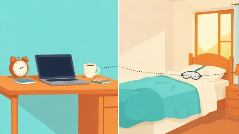Illustration for Social Jet Lag: What It Is and How to Fix It: a work desk and a cozy weekend bed side by side