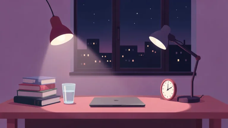 Illustration for Stages of Sleep Deprivation: 24, 36, 48 and 72 Hours: a night desk with a lamp, books and a closed laptop
